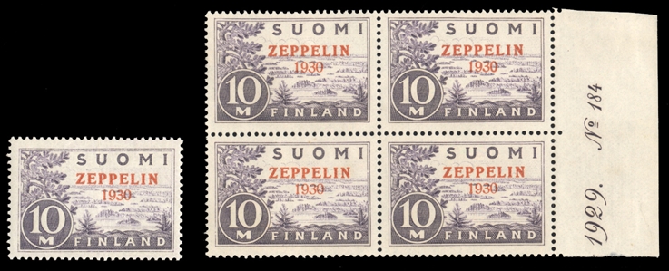FINLAND Air Post (C1) 1930 Zeppelin overprint, 10m single l.h., also part imprint block of four, unused without gum, fine-v.f.