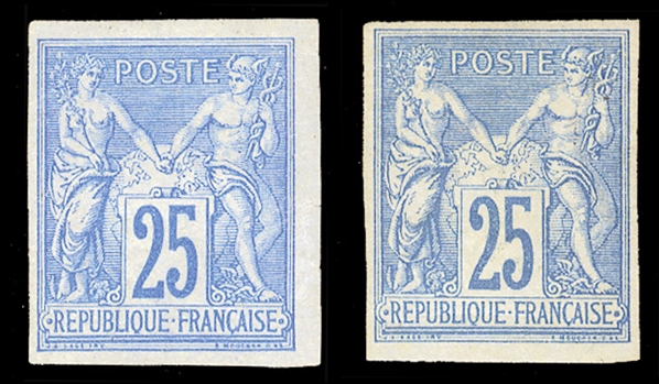 FRENCH COLONIES General Issues (35,35a) 1877 25c blue, bluish paper, margins all around, rich color, fine example of this rare stamp, with 25c ultramarine included for comparison, signed Bloch,...