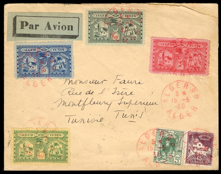 FRENCH COLONIES Algeria Flight Covers 1930 (15 May) cover to Tunisia, franked with 5c and 45c, used in combination with four different unissued "Alger-Tunis" semi-official labels, all tied by...