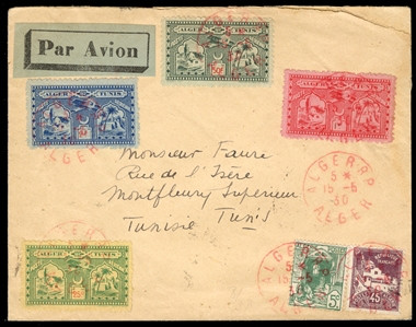 FRENCH COLONIES Algeria Flight Covers 1930 (15 May) cover to Tunisia, franked with 5c and 45c, used in combination with four different unissued "Alger-Tunis" semi-official labels, all tied by...