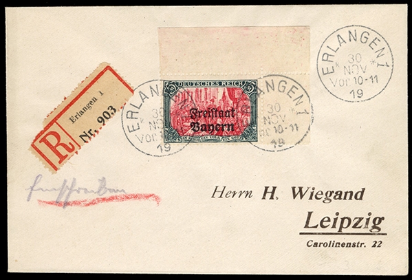 GERMAN STATES Bavaria (Mi.15B) 1919 5M Deutsches Reich overprinted, 25:17 perfs, upper right sheet corner margin single, tied by Erlangen 30 Nov 19 cds on registered "Wiegand" cover to Leipzig,...