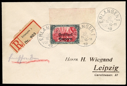GERMAN STATES Bavaria (Mi.15B) 1919 5M Deutsches Reich overprinted, 25:17 perfs, upper right sheet corner margin single, tied by Erlangen 30 Nov 19 cds on registered "Wiegand" cover to Leipzig,...