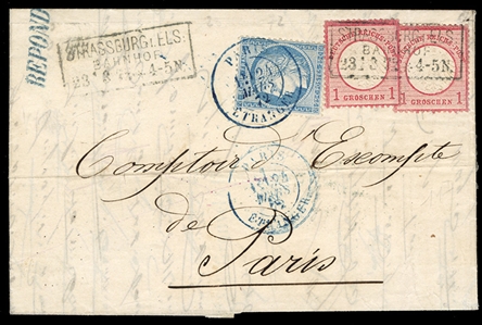 GERMANY (4) 1872 (23 Mar) FL from Strasbourg to Paris, franked with 2x1gr rose, tied by framed "Strassburg.ELS Bahnhof" departure datestamp,  repeated alongside, used in combination with France...