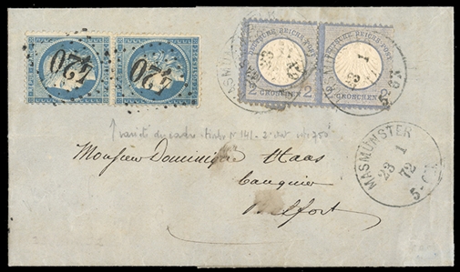GERMANY (5) 1872 (23 Jan) FL from Masevaux to Belfort, franked with vertical pair of France 25c Republique, tied by "420" numerals, with horizontal pair of Germany 1872 2gr ultramarine (Small...
