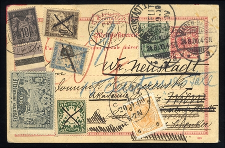 GERMANY 1900 (24 Aug) 10pf postal card, additionally franked with 5pf green, sent to Austria, re-directed several times, with French adhesives, Bavaria and Austrian 6h added alongside.  Also...