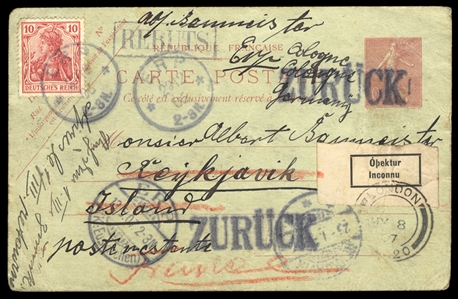 GERMANY  1907 (13 May) French 10c stationery card, additionally franked with 10pf Germania, used from "Erp" via Cologne to Reykjavik, forwarded to London and returned back to Germany, with...