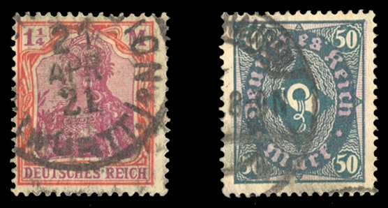 GERMANY (210,211) 1920 Watermarked Quatrefoils, 1 1/4m vermilion & magenta, 50m green & violet, used, minor perf. flaws or thinning, both signed, the latter Infla Berlin and Bechtold, BPP, also...