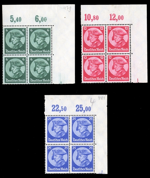 GERMANY (398-400) 1933 Frederick the Great, set of three sheet corner margin blocks of four, stamps n.h., fine-v.f., with 2022 Schlegel certificate (Mi.479-81, Euro 1,280) cat. value. $985