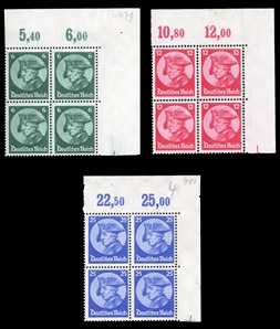 GERMANY (398-400) 1933 Frederick the Great, set of three sheet corner margin blocks of four, stamps n.h., fine-v.f., with 2022 Schlegel certificate (Mi.479-81, Euro 1,280) cat. value. $985