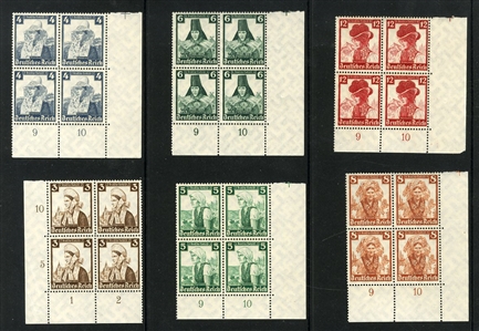 GERMANY (432-35,B69-78) 1934 Lost Colonies and 1935 Costumes, sheet corner margin blocks of four, n.h., fine-v.f., the latter with 2014 Schlegel certificate, cat. value. $1,120