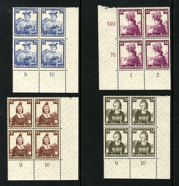 GERMANY (432-35,B69-78) 1934 Lost Colonies and 1935 Costumes, sheet corner margin blocks of four, n.h., fine-v.f., the latter with 2014 Schlegel certificate, cat. value. $1,120