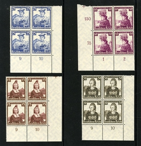 GERMANY (432-35,B69-78) 1934 Lost Colonies and 1935 Costumes, sheet corner margin blocks of four, n.h., fine-v.f., the latter with 2014 Schlegel certificate, cat. value. $1,120