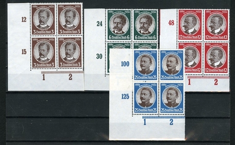 GERMANY (432-35,B69-78) 1934 Lost Colonies and 1935 Costumes, sheet corner margin blocks of four, n.h., fine-v.f., the latter with 2014 Schlegel certificate, cat. value. $1,120