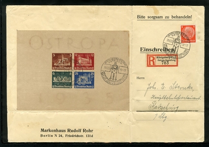 GERMANY Semi-Postals (B68) 1935 OSTROPA, two souvenir sheets on separate covers, one registered from Konigsberg (28.6.35), the other used locally in Leipzig, stained, cover folds away from the...