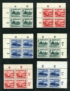 GERMANY Semi-Postals (B134-36,141-43) 1939 Automobile Races, sheet corner margin blocks of four, n.h., post office fresh, v.f., cat. value. $1,170