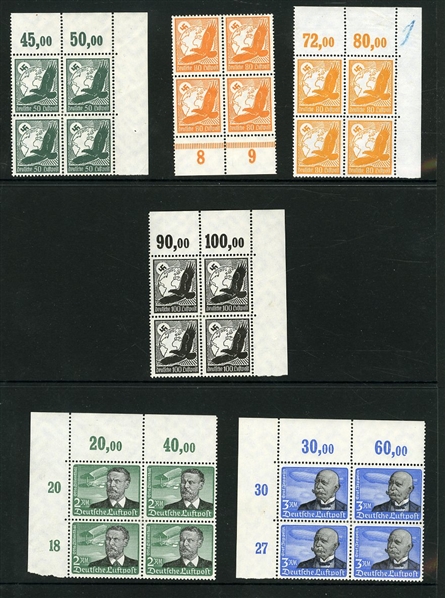 GERMANY Air Post (C46-56) 1934 Issue, sheet corner margin blocks of four, hinged, fresh, mostly v.f., cat. value. $354