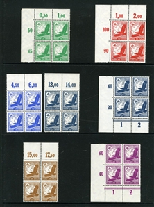 GERMANY Air Post (C46-56) 1934 Issue, sheet corner margin blocks of four, hinged, fresh, mostly v.f., cat. value. $354