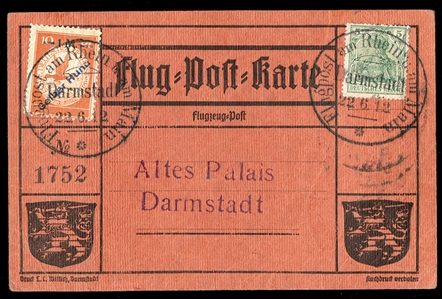 GERMANY Air Post Semi-Officials (CL4) 1912 1m on 10pf deep red orange, overprinted "Gelber Hund", three singles (so-called "Roter Hund"), tied by "Flugpost am Rheim an Main Darmstadt" 22.6.12...