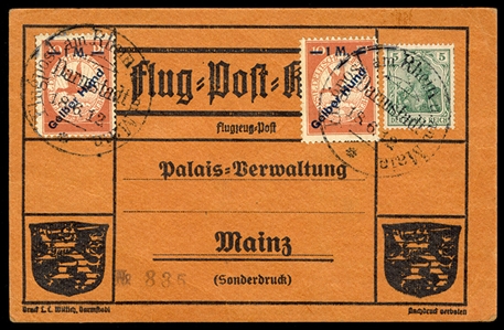 GERMANY Air Post Semi-Officials (CL4) 1912 1m on 10pf deep red orange, overprinted "Gelber Hund", two singles tied by "Flugpost am Rheim an Main Darmstadt" 18.6.12 pmks on card to Mainz, v.f.