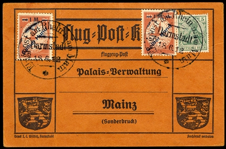 GERMANY Air Post Semi-Officials (CL4,CL4b) 1912 1m on 10pf deep red orange, overprinted "Gelber Hund", two singles, one with "Gelber Huna" variety, both tied by "Flugpost am Rheim an Main...