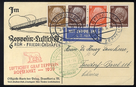 GERMANY Zeppelin Flights 1933 Roma Flight picture postcard canceled on board, with special cachet, red "Romafahrt 1933" cachet, green Friedrichshafen (30 May 33) pmk, addressed to Switzerland,...