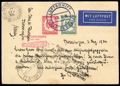 GERMANY Zeppelin Flights (B49-57) 1934 Christmas flight, complete set of Semi-Postals, used on corresponding stationery card, canceled on board Graf Zeppelin, addressed to Brazil, with additional...