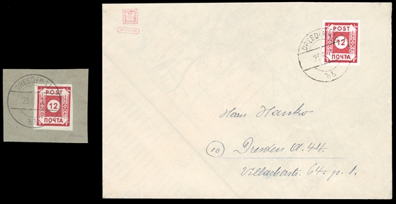 GERMANY Soviet Zone - East Saxony (Mi.41) 1945 12pf "Pochta", single used on piece and another on locally addressed philatelic cover, v.f., the latter with 2001 Bodo Stroh certificate