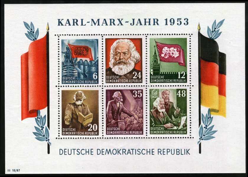 GERMANY German Democratic Republic (D.D.R) (144a,146a) 1953 Karl Marx, perf. and imperf. souvenir sheets of four, four complete sets, n.h., v.f. (Mi.Block 8-9A+B, Euro 1,440) cat. $960