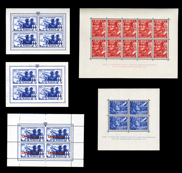 GERMAN WORLD WAR II OCCUPATION ISSUES Belgium - Flemish Legion 1943 Soldiers and Airplanes, +50fr blue, perf. and imperf. sheetlets of four, the latter printed on both sides, plus "Langemark"...