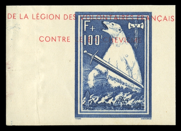 GERMAN WORLD WAR II OCCUPATION ISSUES France - Legion Post  (Mi.IU) 1941 Legion de Volontaires Francais, imperforate Polar Bear, reduced souvenir sheet with the complete design, red inscriptions...