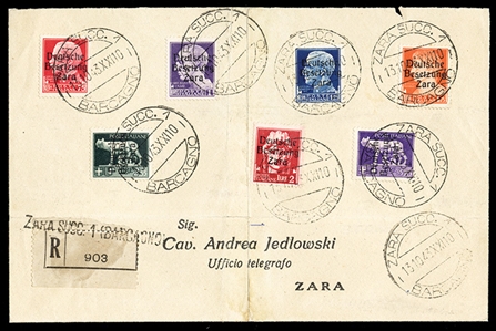 GERMAN WORLD WAR II OCCUPATION ISSUES German Occupation of Zara (Mi.8-14) 1943 75c-3.70L, seven different, tied by "Zara Succ. Barcano" 13.10.1943 pmks on registered "Jedlowski" cover, with...