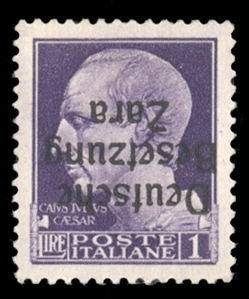 GERMAN WORLD WAR II OCCUPATION ISSUES German Occupation of Zara  (Mi.9K) 1943 1L violet, Type I overprint inverted, n.h., v.f., various signatures including Diena, Raybaudi, Oliva, etc., with 2021...
