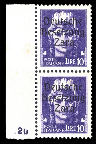 GERMAN WORLD WAR II OCCUPATION ISSUES German Occupation of Zara  (Mi.16) 1943 10L violet, left sheet margin vertical pair, pos. 81/91, type I, n.h., some gum toning and natural gum crease,...