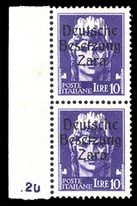GERMAN WORLD WAR II OCCUPATION ISSUES German Occupation of Zara  (Mi.16) 1943 10L violet, left sheet margin vertical pair, pos. 81/91, type I, n.h., some gum toning and natural gum crease,...