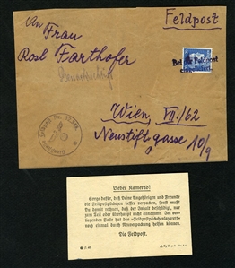 GERMAN WORLD WAR II OCCUPATION ISSUES German WWII Fieldpost Issues 1941 package address front franked with 20pf Hitler stamp, canceled "Bei der Feldpost eingeliefert", with corresponding...