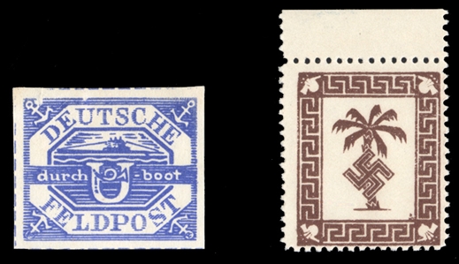 GERMAN WORLD WAR II OCCUPATION ISSUES German WWII Fieldpost - U-Boat "Hela"  (Mi.5a,13b) 1945 U-Boat Hela, early Printing, vignette in dark blue, also Tunis 1943 Palm Tree & Swastika upper...
