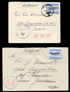 GERMAN WORLD WAR II OCCUPATION ISSUES German WWII Fieldpost - Rhodes (Nov.1944)  (Mi.8B I,II) 1944 Inselpost blue with black overprint, rouletted issue, fine and thick overprints used on two...
