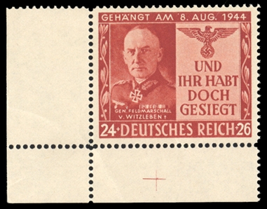 GERMAN WORLD WAR II OCCUPATION ISSUES British Propaganda Forgeries for Germany (Mi.29) 1944 Witzleben, lower left sheet corner margin single, h.r., v.f., €450