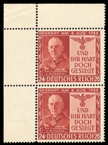 GERMAN WORLD WAR II OCCUPATION ISSUES British Propaganda Forgeries for Germany  (Mi.29) 1944 Witzleben, upper left sheet corner margin vertical pair, n.h., fine, €1,600