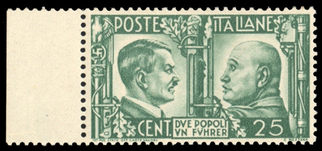 GERMAN WORLD WAR II OCCUPATION ISSUES British Forgeries for German Occupied Italy  (Mi.49) 1943 Hitler and Mussolini, 25c green "Due Popoli Un Fuhrer", sheet margin single, h.r., v.f., €1,500
