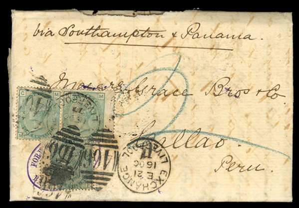 GREAT BRITAIN   (64) 1873 1sh pale green, single and pair (plate 13), tied by "466" and Liverpool departure cds on 1877 FL to Callao, Peru, endorsed "Via Southampton & Panama", charged "2" in...