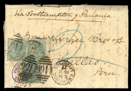 GREAT BRITAIN   (64) 1873 1sh pale green, single and pair (plate 13), tied by "466" and Liverpool departure cds on 1877 FL to Callao, Peru, endorsed "Via Southampton & Panama", charged "2" in...