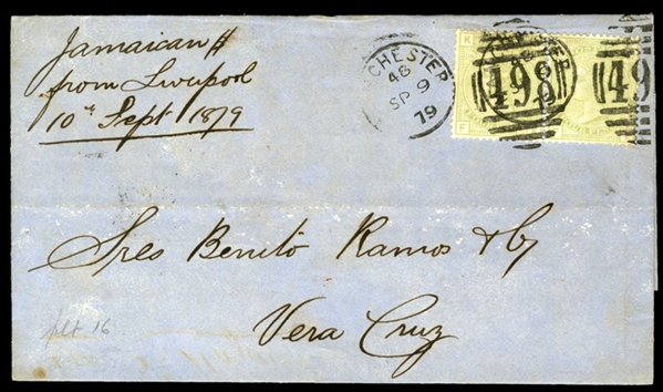 GREAT BRITAIN  (70) 1876 4p olive green, horizontal pair, plate 16, tied by "498" duplex and corresponding Manchester cds on outer FL sent in 1879 via Liverpool to Vera Cruz, filing folds, also...