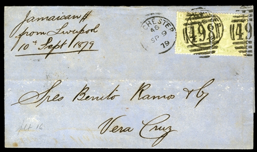 GREAT BRITAIN  (70) 1876 4p olive green, horizontal pair, plate 16, tied by "498" duplex and corresponding Manchester cds on outer FL sent in 1879 via Liverpool to Vera Cruz, filing folds, also...