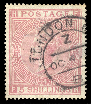 GREAT BRITAIN (90a) 1882 5sh rose, White Paper, Plate 4, London cds, nicely centered, thin, v.f. appearance (SG 134),£4,200