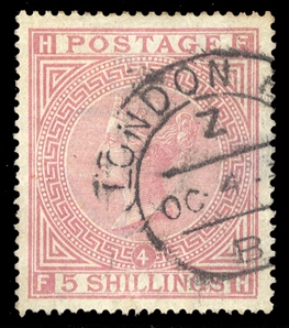 GREAT BRITAIN (90a) 1882 5sh rose, White Paper, Plate 4, London cds, nicely centered, thin, v.f. appearance (SG 134),£4,200