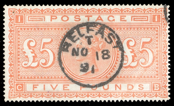 GREAT BRITAIN (93) 1882 £5 bright orange, white paper, neat round Belfast No 18, 91 pmk, beautiful color and well centered, apparently reperforated at right, fresh and fine appearance (SG 137)