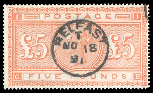 GREAT BRITAIN (93) 1882 £5 bright orange, white paper, neat round Belfast No 18, 91 pmk, beautiful color and well centered, apparently reperforated at right, fresh and fine appearance (SG 137)