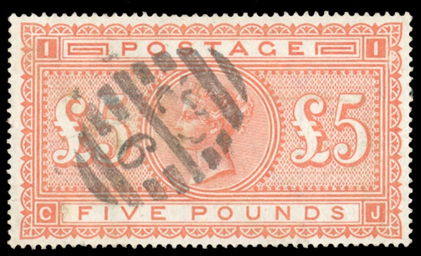 GREAT BRITAIN (93) 1882 £5 orange, neat duplex cancel, perfectly centered, pressed-out crease, repaired flaws, v.f. appearance,4100