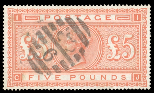 GREAT BRITAIN (93) 1882 £5 orange, neat duplex cancel, perfectly centered, pressed-out crease, repaired flaws, v.f. appearance,4100